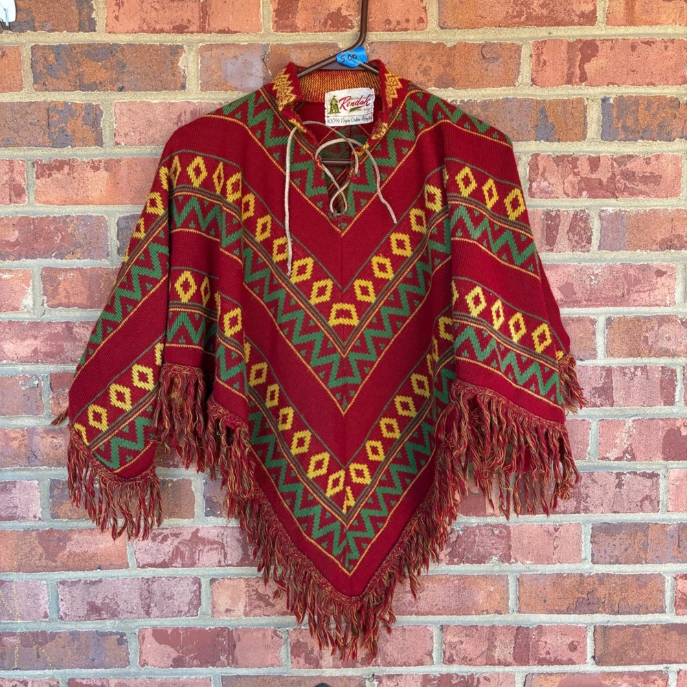 Vintage 70's Rendak Poncho Womens Red Green  Fringe Lace Up Orlon OS Boho Hippie